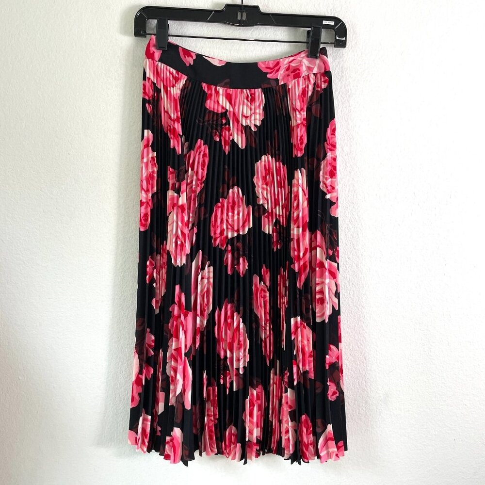 Kate Spade‎ Womens 00 Roses Floral Rosa Crepe Flounce Pleated Midi Skirt